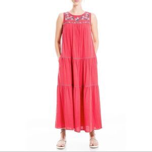 Max Studio Sleeveless Embroidered Red Posie Maxi Dress Size Large